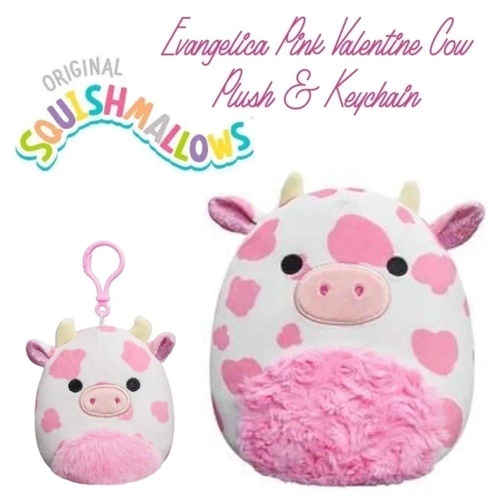 Squishmallow Pink Cow Evangelica Stuffed Animal and Keychain Set